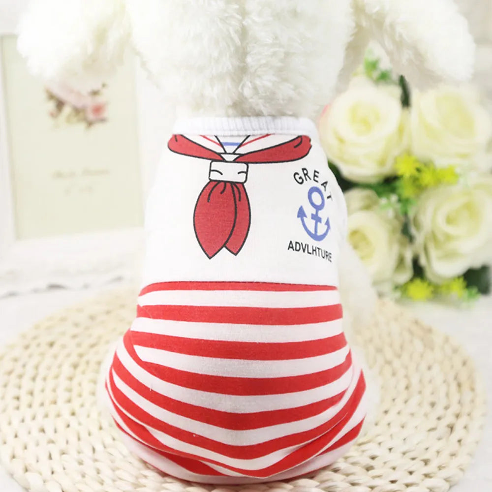 Pet Dog Clothes For Small Dogs Summer Cartoon Vest Clothing Sailor Tie Anchor Print Navy Tie Stripes Cat Dog Breathable T-Shirt