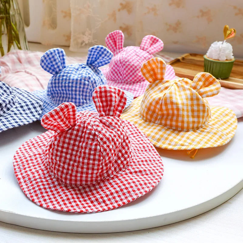 Pastoral Style Plaid Cat Hat Cute Ears Sunshade Cap for Dogs Summer Pet Headwear Unisex Outdoor Hats Chihuahua Dogs Accessories