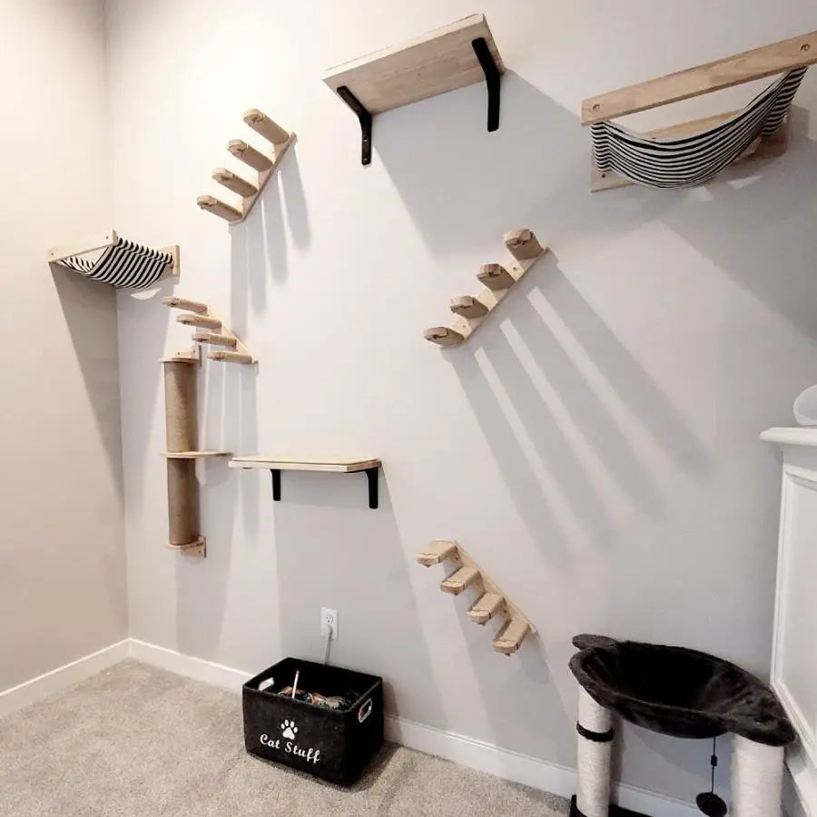 Cat Tree Wall Mounted Cat Climbing Shelves Cat Hammock and Cat Bridge with Ladder or Scratching Post for Cats Playing and Perch