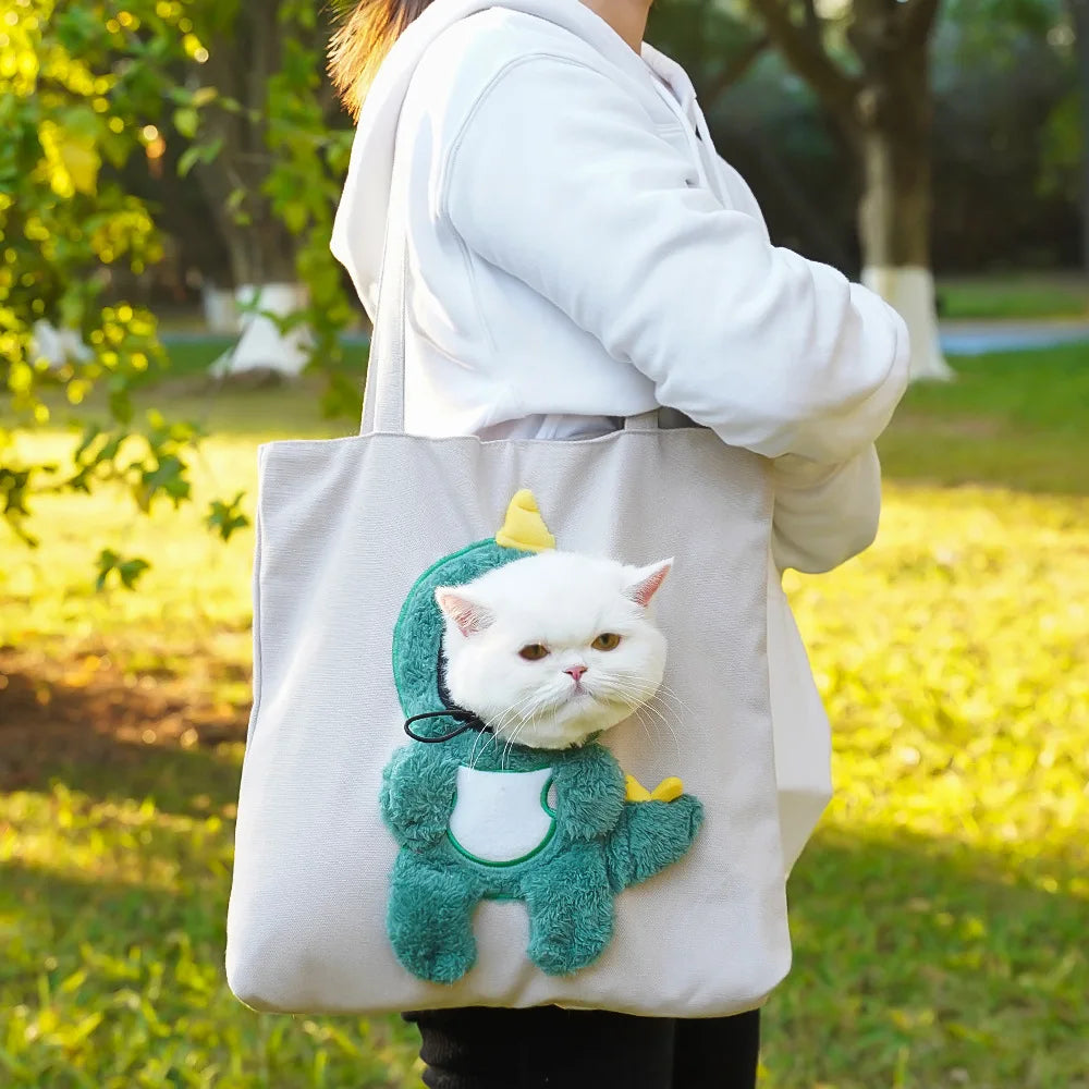 Pet Canvas Shoulder Bag Bee Rabbit Dinosaur Shape Cute Cat Carrier Portable Shoulder Carrying Bag Chest Cat Bag Outdoor Cat Tote