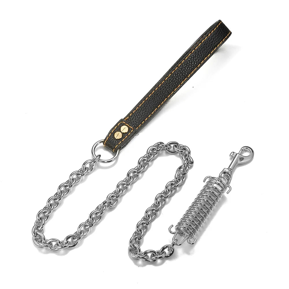 Stainless Steel Dog Chain Leash Cuban Link Luxury Gold Chain Buffer Spring Labor-Saving Genuine Leather Handle for Large Dogs