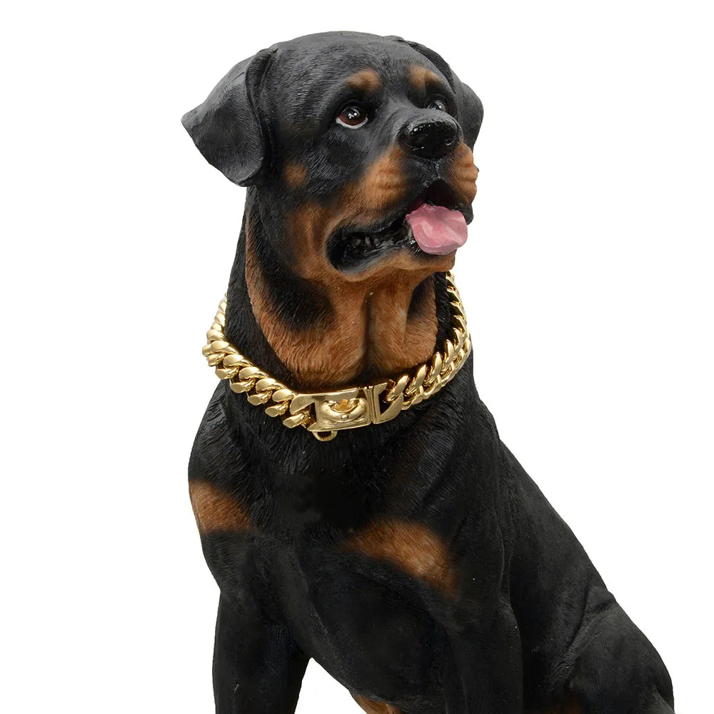 Gold Dog Chain Collar 15mm Stainless Steel Cuban Link Chain Strong Heavy Duty Chew Proof Dog Necklace with Buckle for Dogs