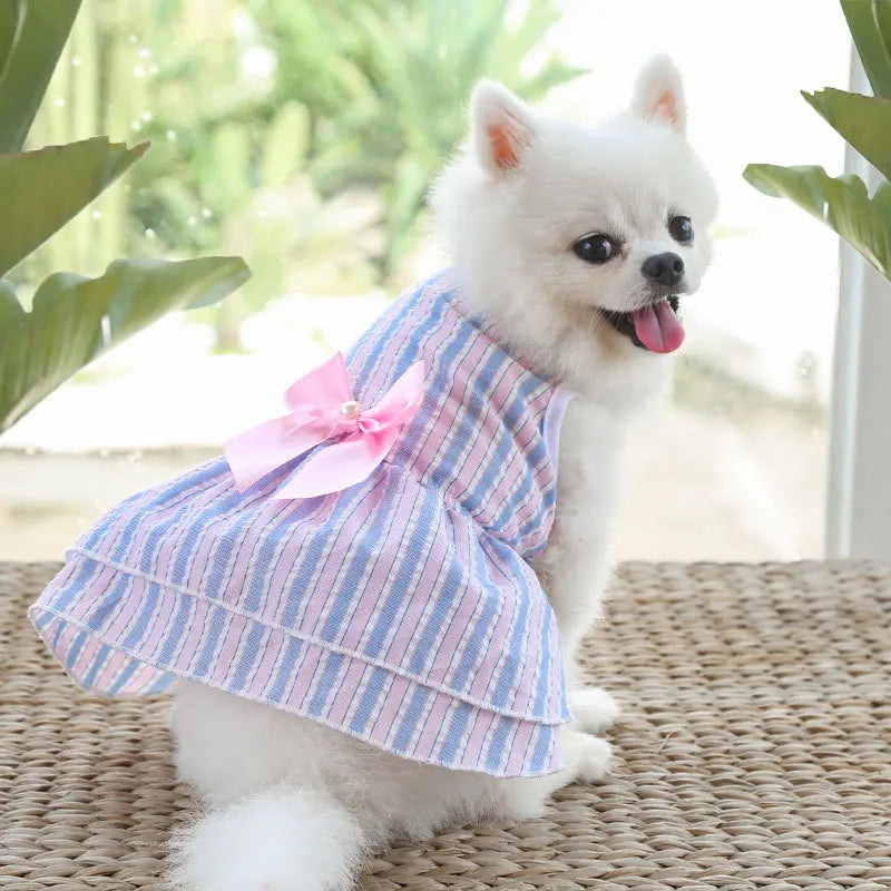 Bow Tie Decorate Dog Fancy Dress Stripes and Lattice Pink Pet Skirt Sleeveless Girl Wedding Party Pet Skirt Clothing for Cats