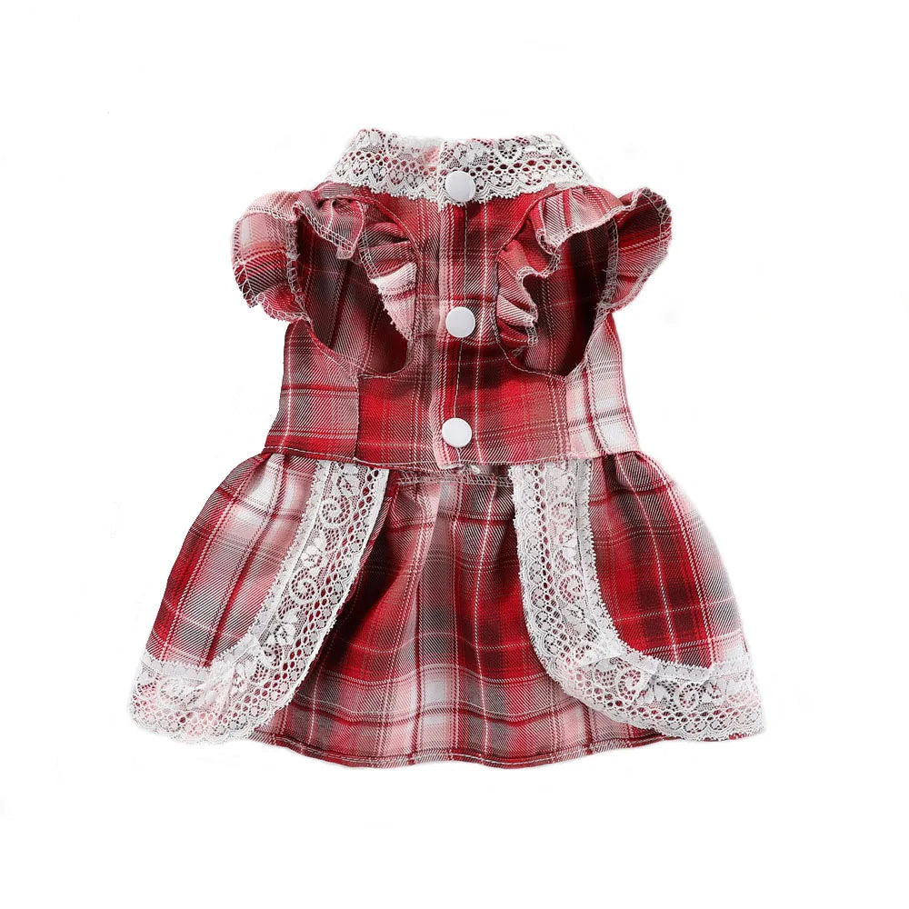 Plaid Dog Dress Bowtie Harness Dress for Small Dogs Cats Girl Cute Lace Trim Princess Dresses Spring Summer Puppy Rabbit Clothes