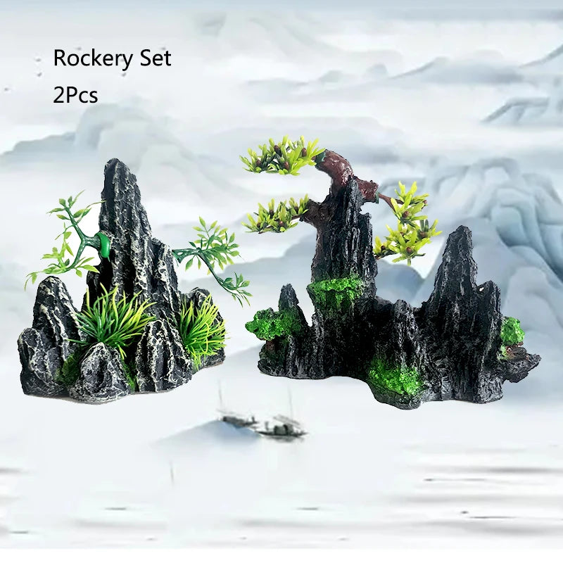 Resin Aquarium Rockery Mountain Decoration Artificial View Rock Cave Stone Tree Fish Tank Ornament Pet Supplies Home Decor