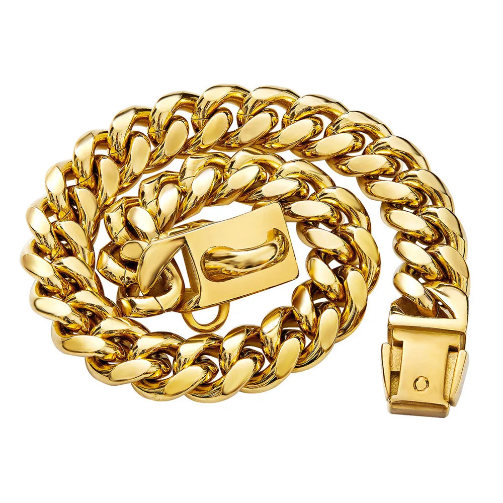 Gold Dog Chain Collar 15mm Stainless Steel Cuban Link Chain Strong Heavy Duty Chew Proof Dog Necklace with Buckle for Dogs