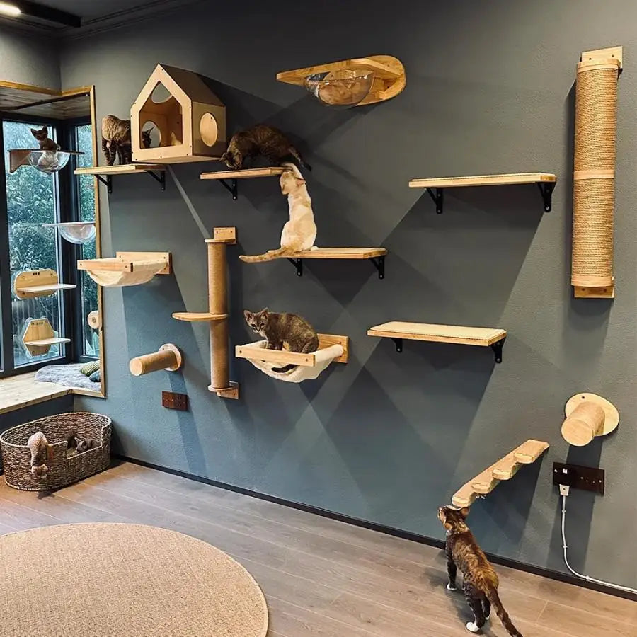 Cat Climbing Shelf Wall Mounted Cat Tree Four Step Stair Indoor Wood Scratching Post for Cat Wall Climbing Furniture Cat Hammock