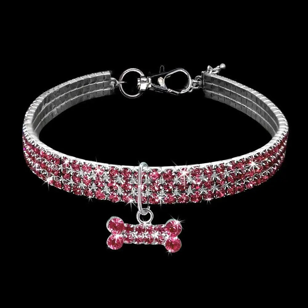Bling Rhinestones Pet Collar, Adjustable Crystal Diamond Bone Pendant Wedding Collar Cat Dog Small Pet Elastic Necklace Jewelry