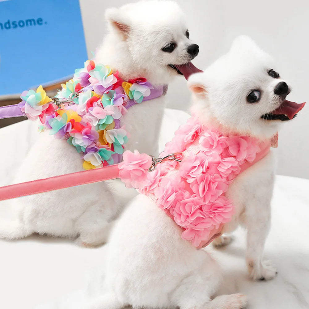 Pink Flower Puppy Harness Mesh Breathable Small Girl Dog Cat Vest Harness Cute Doggy Lace Dress Harness with Leash for Walking