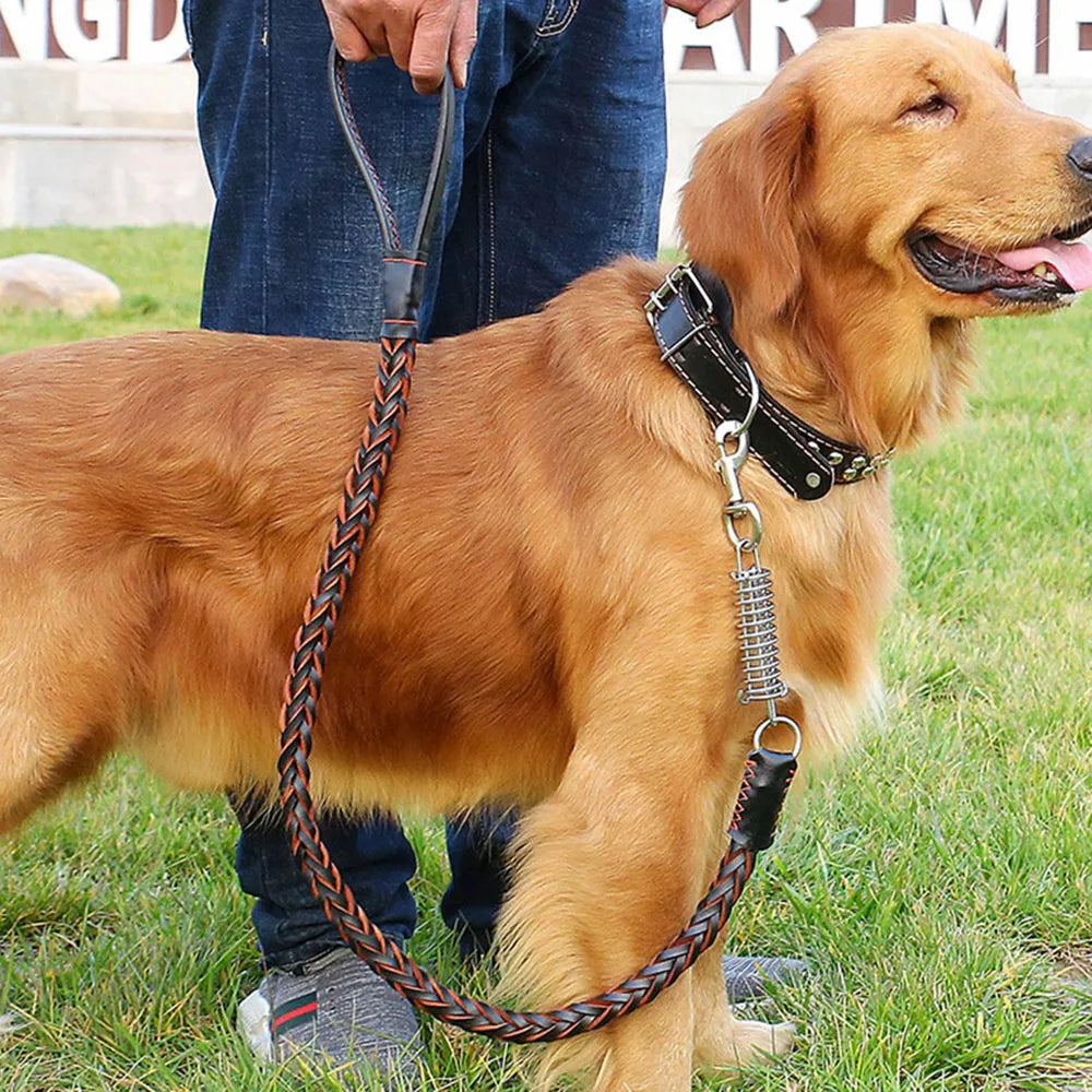 No Pull Leather Dog Leash Durable Cowhide Braided Dog Leash Buffer Spring Design for Training Walking Large and Medium Dogs Pets