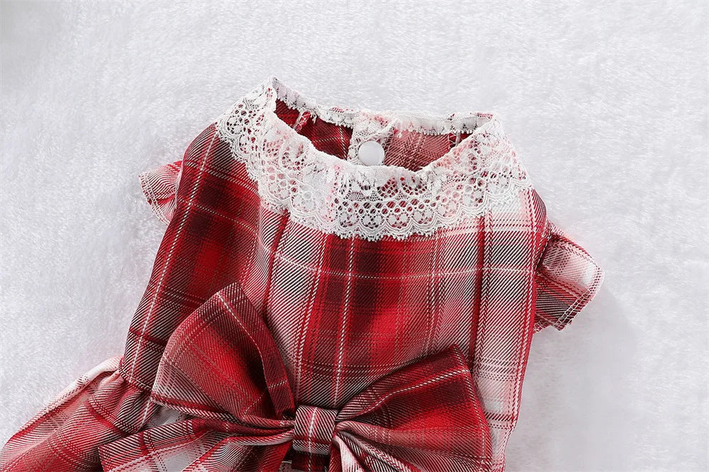 Plaid Dog Dress Bowtie Harness Dress for Small Dogs Cats Girl Cute Lace Trim Princess Dresses Spring Summer Puppy Rabbit Clothes