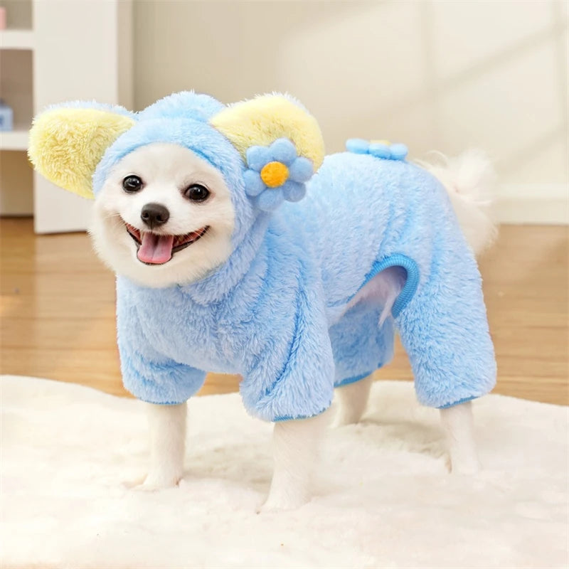 Soft Flannel Pet Dog Clothes Light Blue Solid Flower Winter Overalls for Cats New Year Cosplay Chihuahua Coat Kitten Sweatshirts