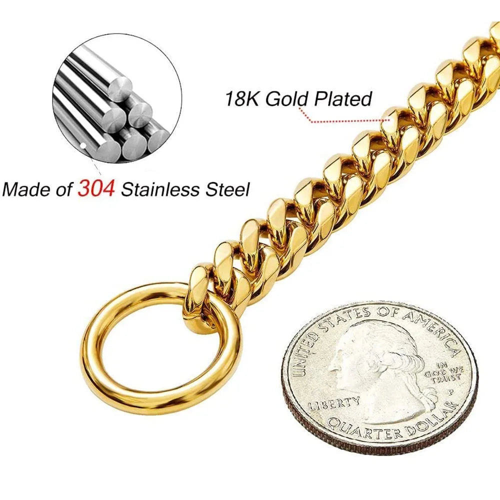 Gold Chain Dog Collar 10mm Fashion Dog Cuban Link Pet Gold Necklace Metal Puppy Jewelry Bulldog P Chain Pet Training Slip Collar