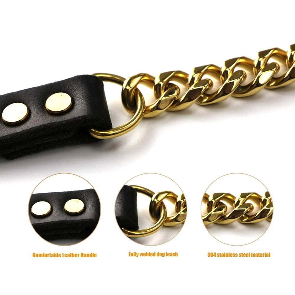 Stainless Steel Pet Gold Chain, Dog Leashes, Leather Handle, Portable Leash Rope, Straps, Puppy, Cat Training, Slip Collar Suppl