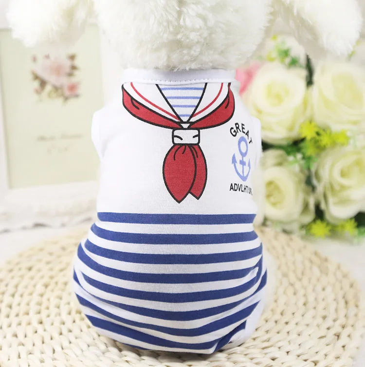 Pet Dog Clothes For Small Dogs Summer Cartoon Vest Clothing Sailor Tie Anchor Print Navy Tie Stripes Cat Dog Breathable T-Shirt
