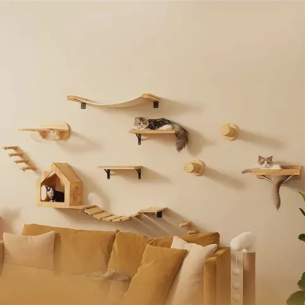 Solid Wood Wall-mounted Cat Climbing Frame Set with Cat Sleeping Nest Cat Tree and Wall Hanging Climbing Column for Kitten