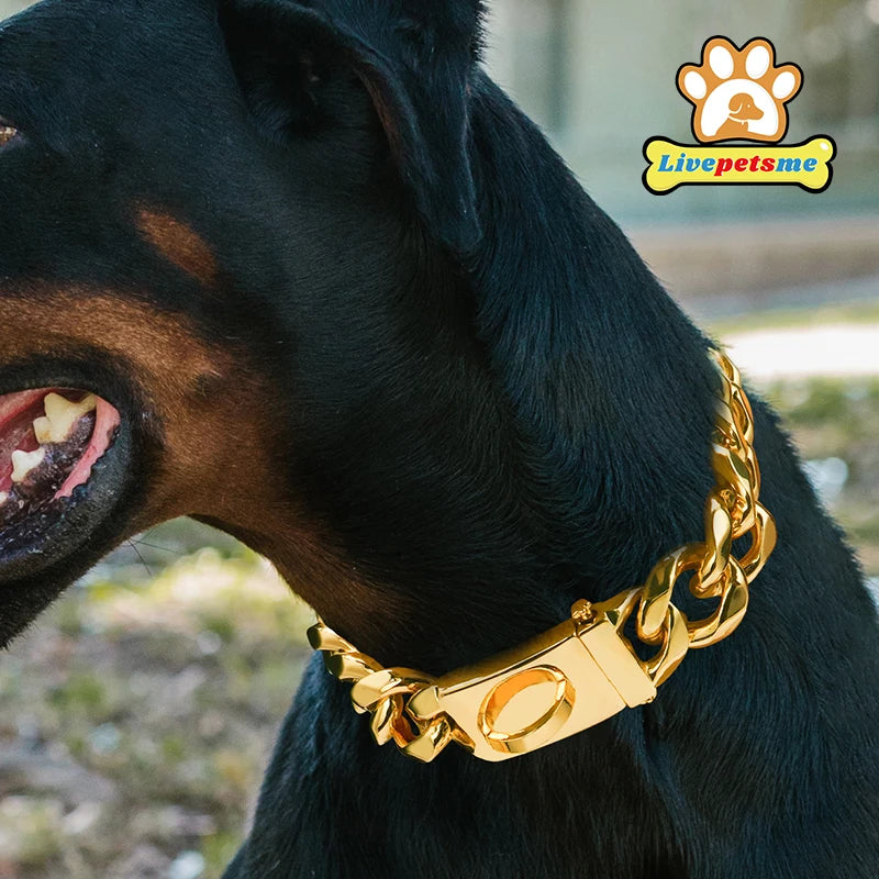 Heavy Duty Gold Dog Collar with Solid Buckle, 304 Stainless Steel Cuban Link Chain, Luxury Metal Pets Walking Collar, Choker