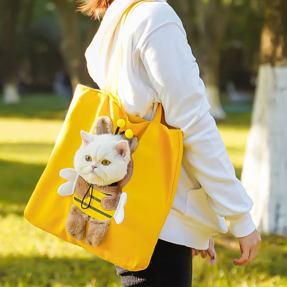Pet Canvas Shoulder Bag Bee Rabbit Dinosaur Shape Cute Cat Carrier Portable Shoulder Carrying Bag Chest Cat Bag Outdoor Cat Tote