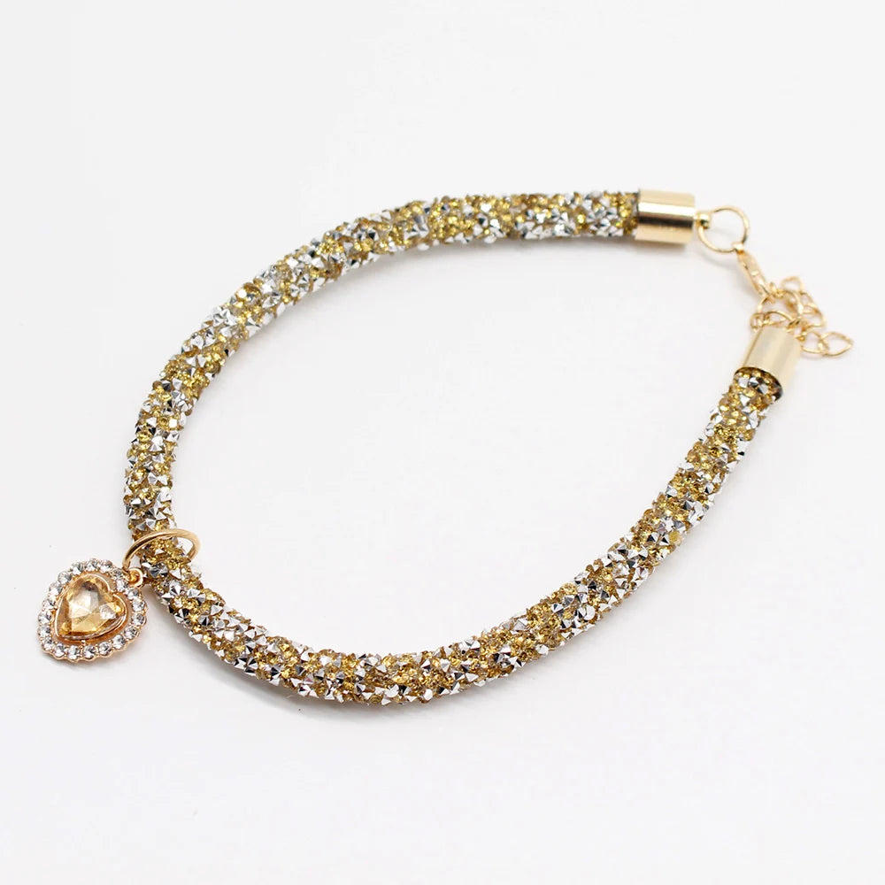 Soft Puppy Cat Collar with Heart Diamond Pendant Adjustable Luxury Reflective Bling Rhinestone Collar Crystal for Cats Small Dog