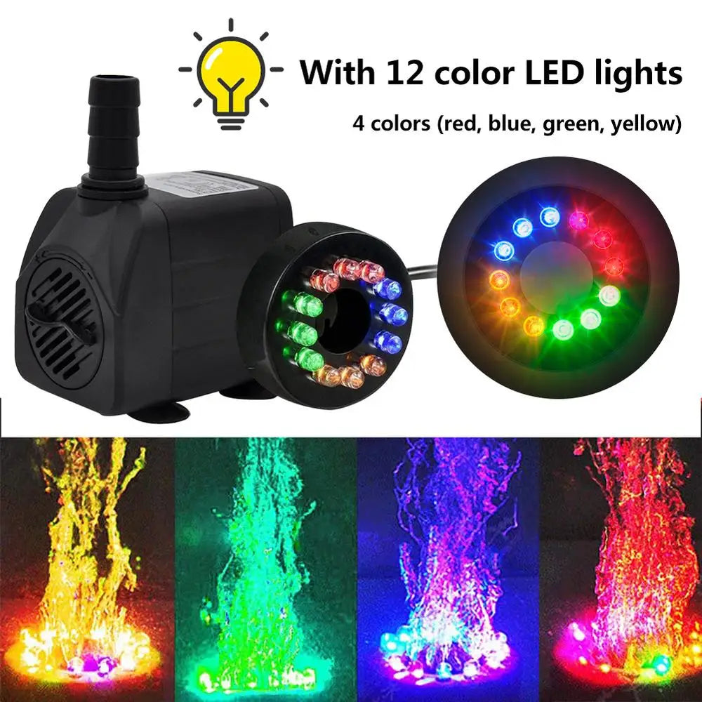 W Ultra Quiet Submersible Water Fountain Filter Fish Pond Aquarium Water Pump Tank Fountain With 12 Lights