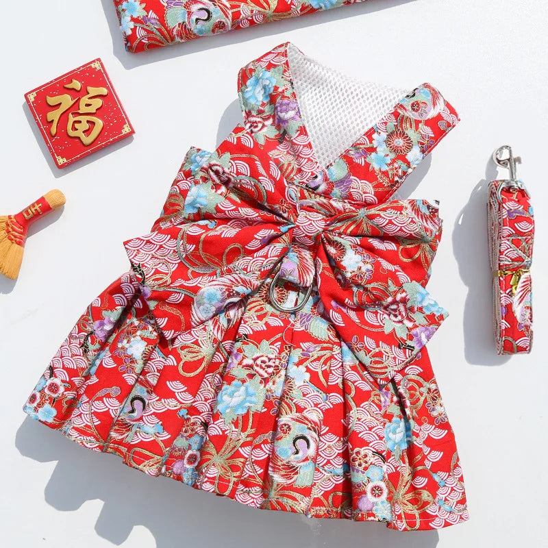 2023 New Pet Dog Harness and Leash Vest Breathable Checked Bowknot Cat Dress Teddy Bichon Dog Clothes Spring and Summer Outdoor