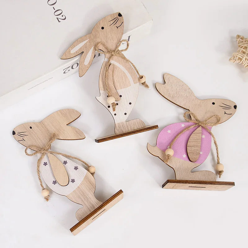 2025 Easter Wooden Rabbit Ornaments Standing Bunny with Flower for Spring Easter Party Home Table Decoration DIY Crafts Supplies