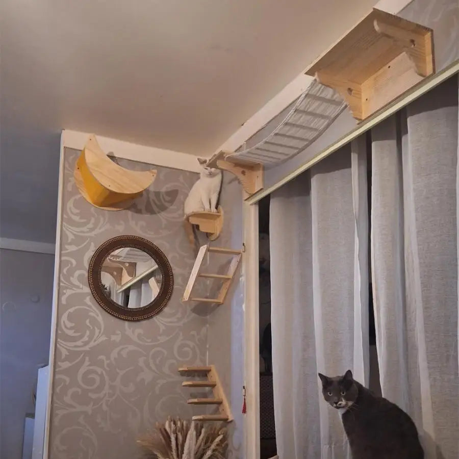 Cat Wall Mounted Wooden Shelves Platform and Hammock for Cats Sleeping and Scratching Post for Cats Grinding Claws Pet Furniture