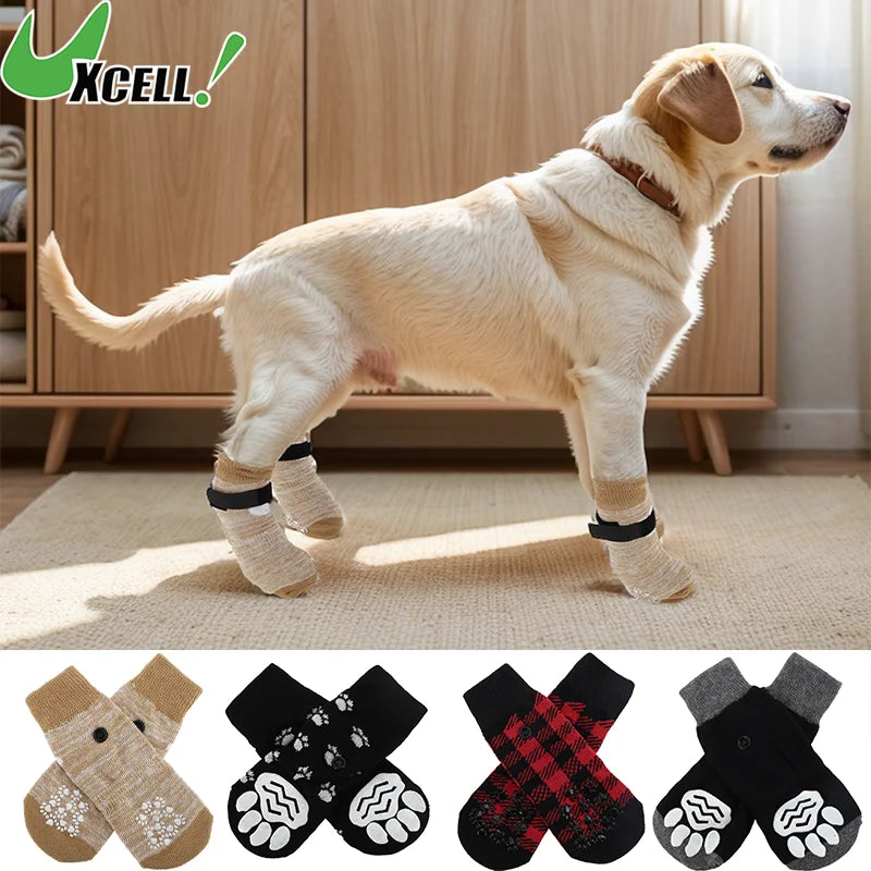 4pcs Anti-Slip Dog Socks with Adjustable Sticky Tapes Pet Socks for Puppy Dog Paw Protector Indoor Wear Dog Socks