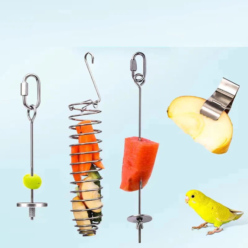 Stainless Steel Pet birdParrot Feeder Fruit Corn Fork Toys Chicken Vegetables Holder Hang Cage Feeding Stick Feeder Accessories