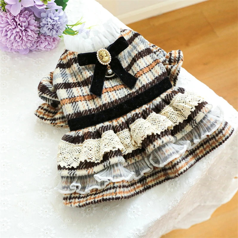 High Collar Small Dog Clothes Plaid Woolen New Year Autumn Winter Brown Overalls for Cats Maillard Fashion Girl Chihuahua Dress
