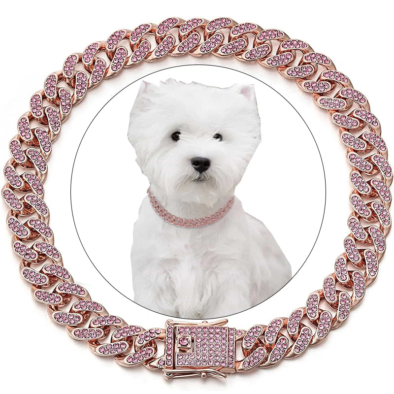 Dog Chain Collar Pink Diamond Cuban Link Necklace Metal Cat Chain Pet Crystal Collar Jewelry Accessories for Dogs Cats