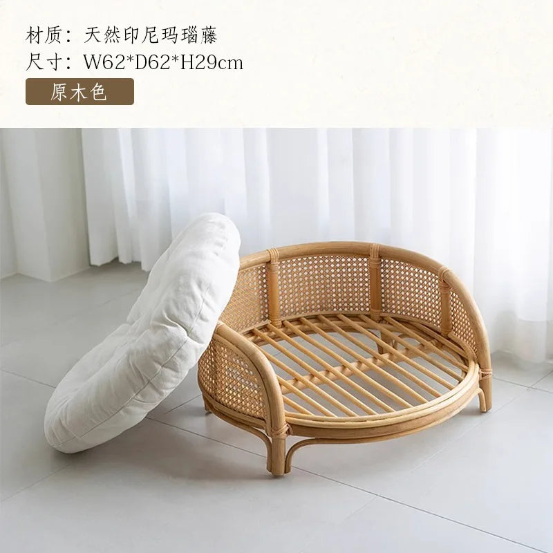 South East Asia Natural Indonesian True Rattan Teddy Nest Summer Cool Round Pomeranian Small Pet Cat Dog Kennel