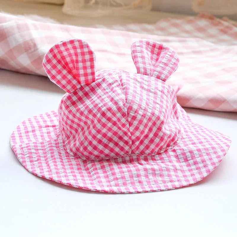 Pastoral Style Plaid Cat Hat Cute Ears Sunshade Cap for Dogs Summer Pet Headwear Unisex Outdoor Hats Chihuahua Dogs Accessories