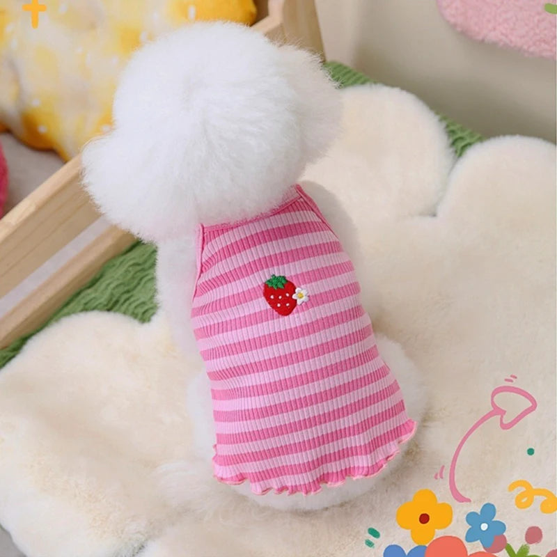 Flower Embroidery Pet Vest for Small Dogs Sweet Summer Striped Teddy Bear Cat Clothes Soft Cotton Designer Puppy Kitten T Shirt
