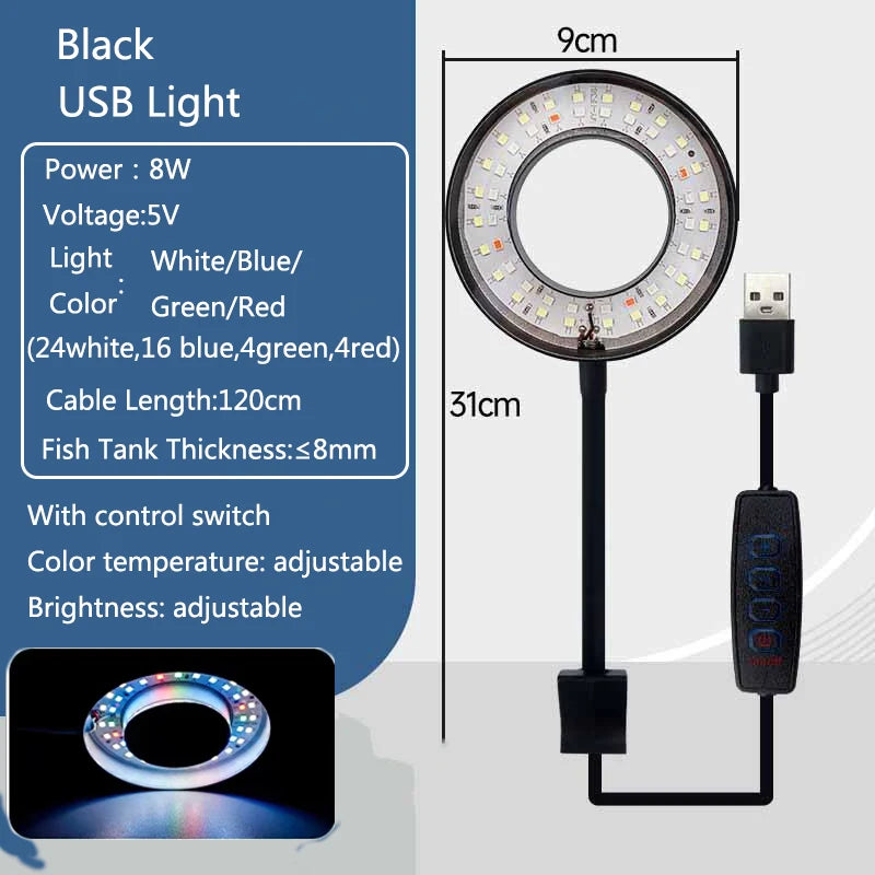 8W 5V USB Aquarium Light LED Waterproof Fish Tank Lighting Underwater Fish Lamp Aquariums Decor Plant Lamp Adjustable LED light