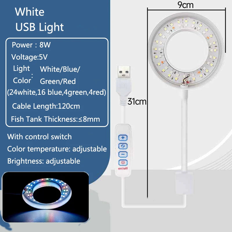 8W 5V USB Aquarium Light LED Waterproof Fish Tank Lighting Underwater Fish Lamp Aquariums Decor Plant Lamp Adjustable LED light