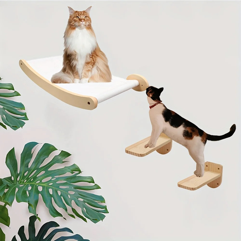 Cat Climbing Shelf Furniture Wall Mounted Cat Hammock and Wooden Stairway with Scratching Post for Cats Indoor Playing and Rest
