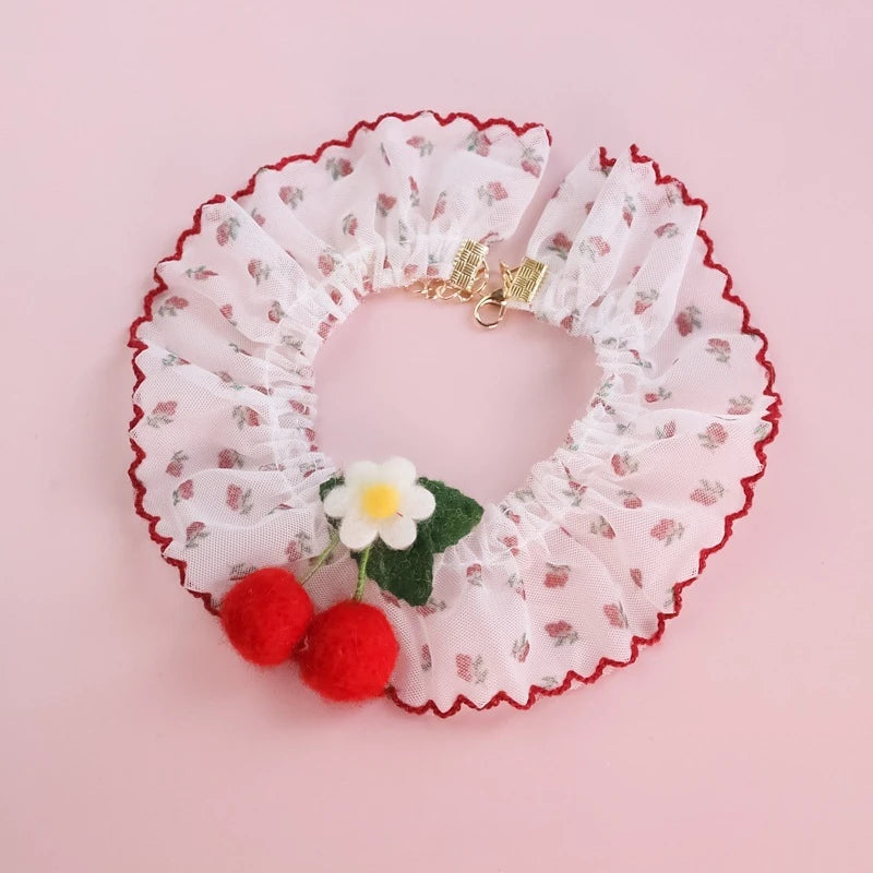 Red Pink Cherry Dog Collar for Chihuahua York Lace Floral Birthday Kitten Necklace Romantic Princess Pet Cat Neck Accessories