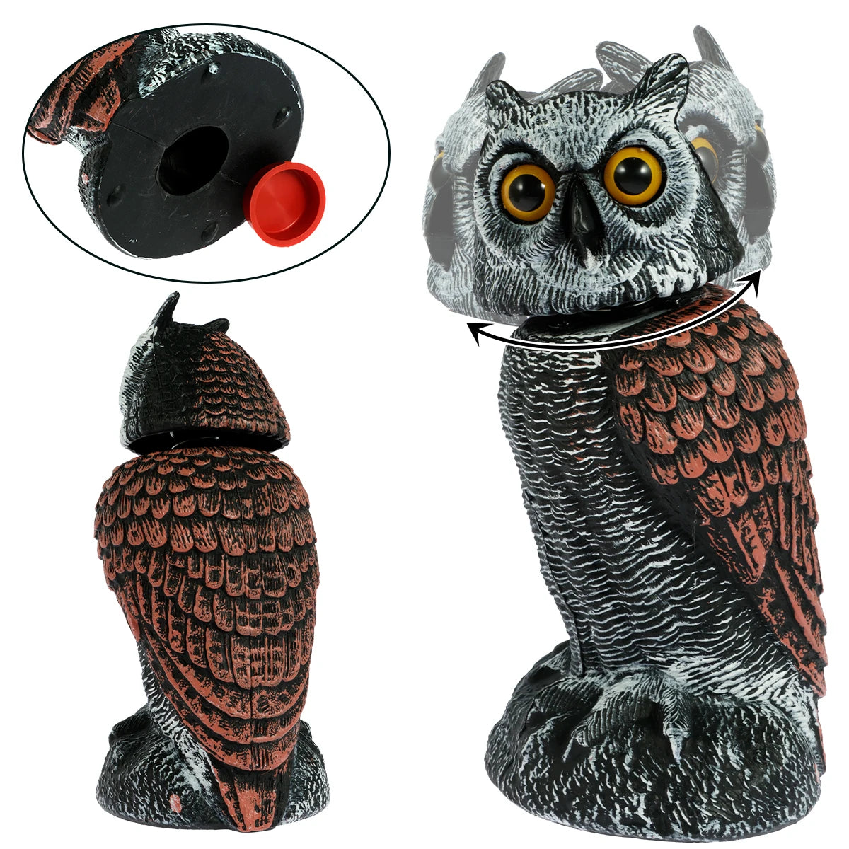 Owl Scare Bird Control Devices with 360° Swivel Head Waterproof Fake Owl Scarecrow Decoy Lifelike Simulation Owl Bird Deterrent