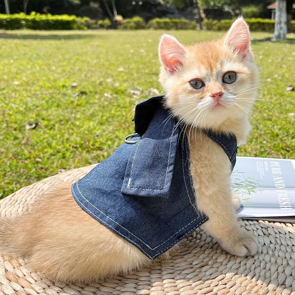 Pet Denim Clothes For Cat Dog Spring Summer Cat Dress Harness Kitten Jeans Shirt Cat Bowtie Skirt Dress Vest Harness with D-Ring