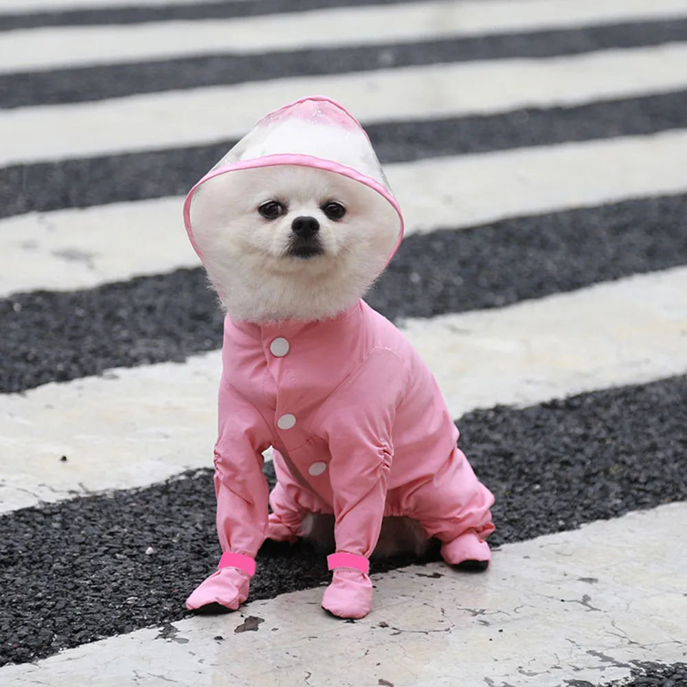 Small Dog Raincoat Hooded Pet Rain Wear Waterproof Teddy Poncho with Rain Boots Adjustable Puppy Dog Full Body Coverage with Hat