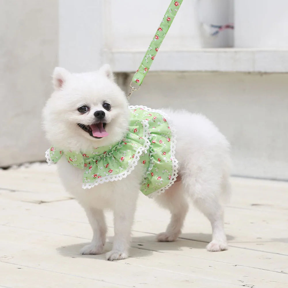 Pink Flower Puppy Harness Mesh Breathable Small Girl Dog Cat Vest Harness Cute Doggy Lace Dress Harness with Leash for Walking