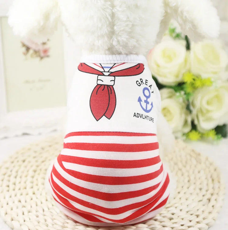 Pet Dog Clothes For Small Dogs Summer Cartoon Vest Clothing Sailor Tie Anchor Print Navy Tie Stripes Cat Dog Breathable T-Shirt