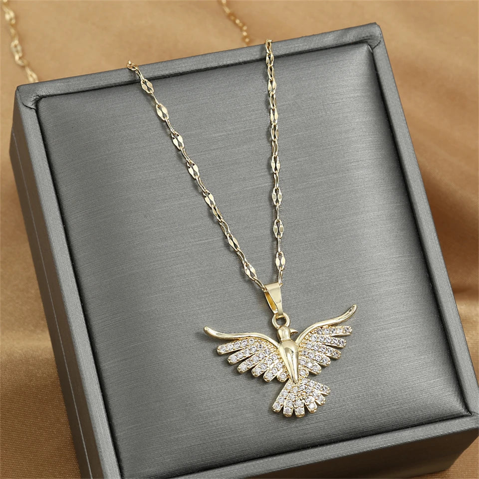 Stainless Steel Colorful Hummingbird Pendant Necklace For Women Girls Shiny Zircon Birds Clavicle Chain Choker Aesthetic Jewelry