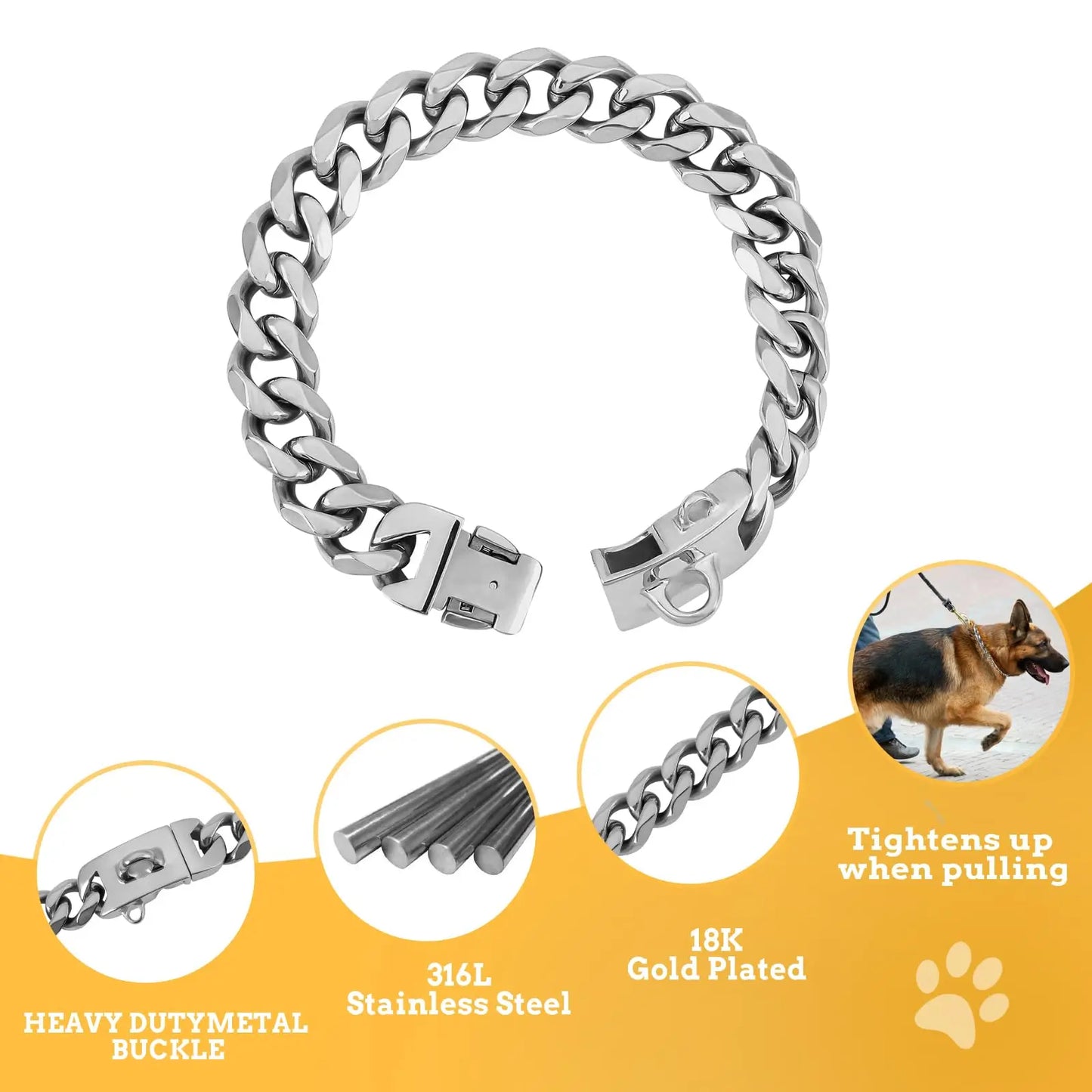 19MM Gold Dog Chain Collar with Solid Buckle Stainless Steel Chew Proof Pet Chains Collars for Large Dog