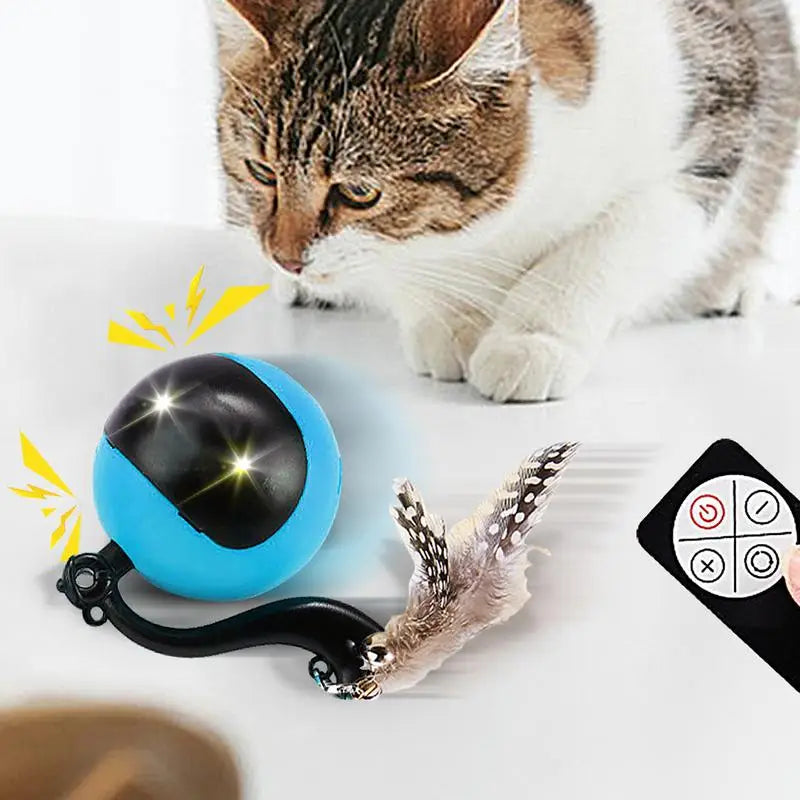 Smart Ball Cat Toy Cat Power Ball with Feather Tails Moving Cat Toy with LED Light and Sound Kitten Exercise Hunting Toys