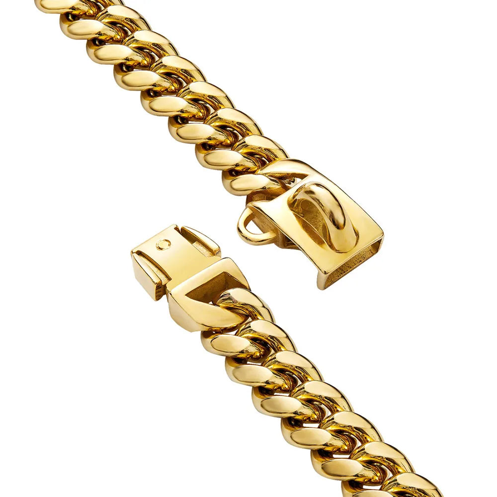 Gold Dog Chain Collar 15mm Stainless Steel Cuban Link Chain Strong Heavy Duty Chew Proof Dog Necklace with Buckle for Dogs