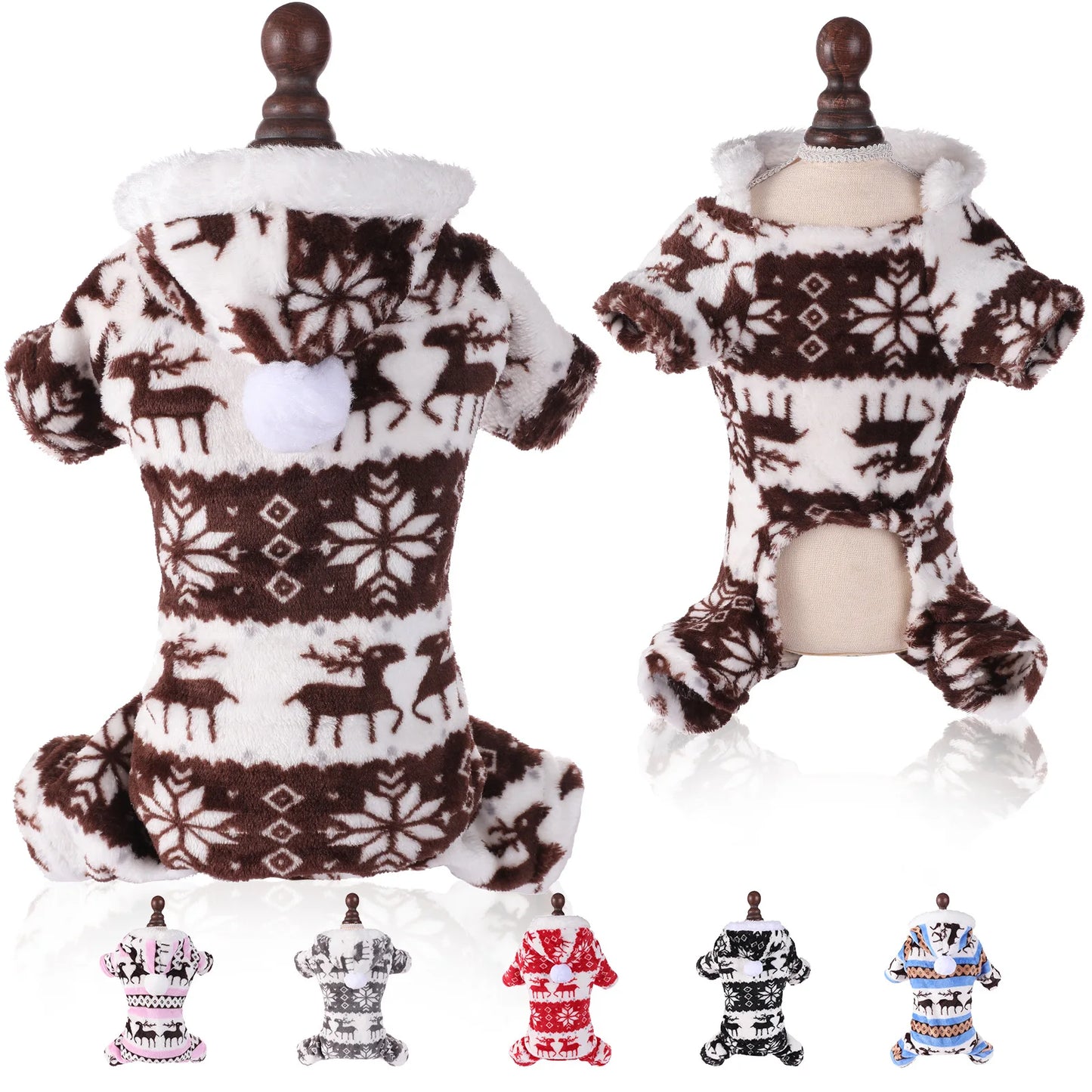 Thermal Coral Fleece Christmas Dog Pajamas Onesie for Small Medium Large Dogs, Reindeer Print Winter Dog Clothes Hooded Jumpsuit