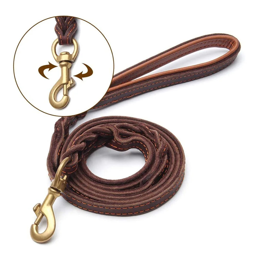Braided Leather Dog Leash with Traffic Handle Two Handles Leather Dog Leash Leads for Training Bulldog Pit-bull Pet Dog Supplies