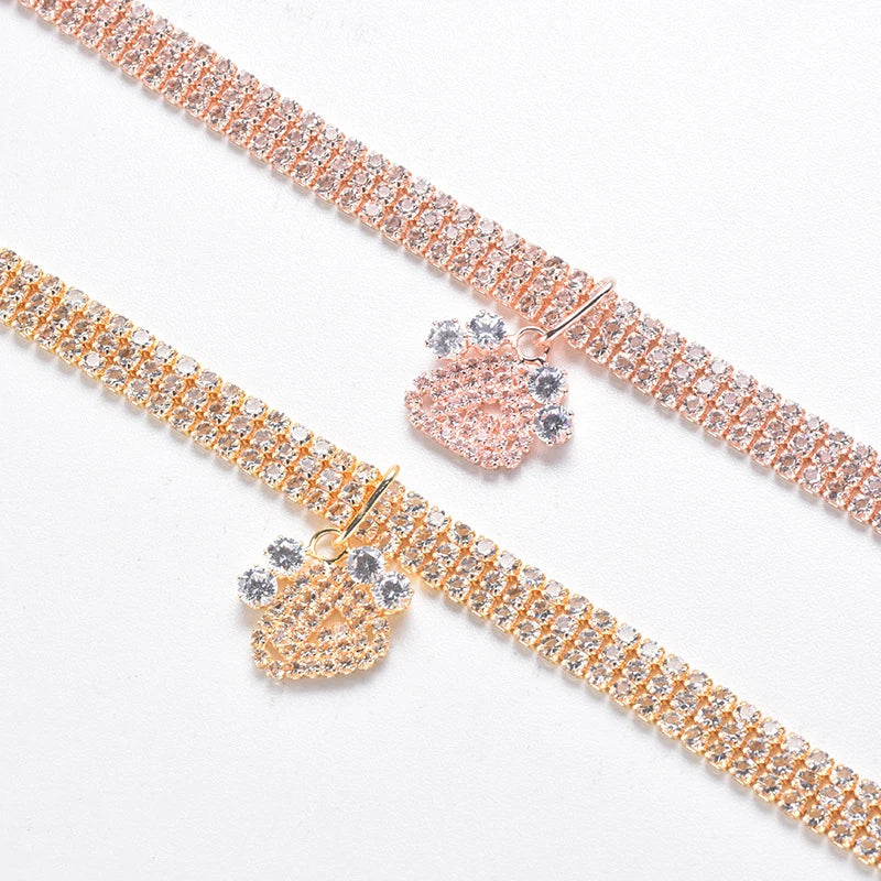 Fancy Summer Pet Dog Collars Alloy Rose Gold Zircon Footprint Pendant Necklace for Cats Luxury Designer Pet Neck Accessories